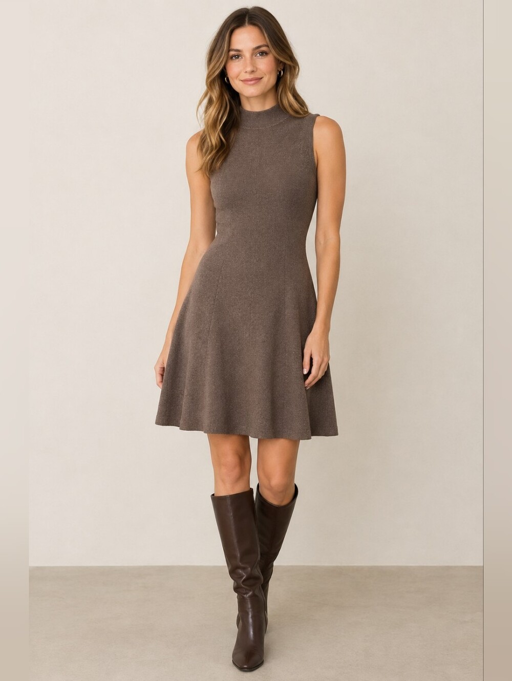 Club Manaco Sleeveless Mock Neck Fit & Flare Dress in Brown